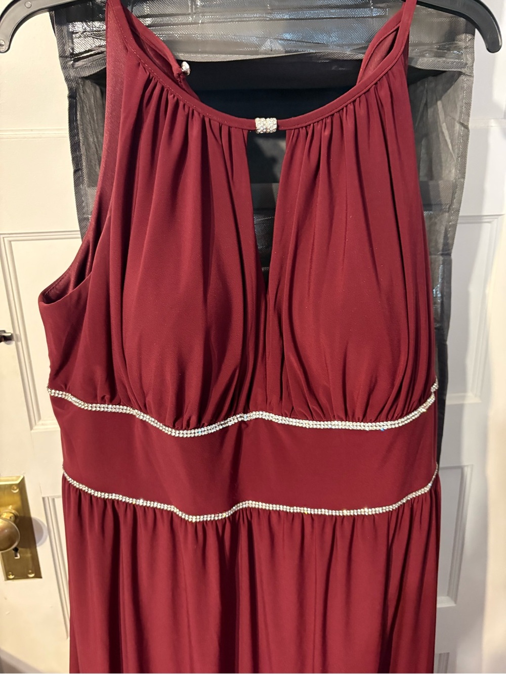 Cassina Burgundy Sleeveless Prom Dress with Rhinestone Bands